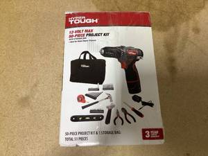 lot 367 image: Hyper Tough 12V Max Cordless 38-inch Drill Driver 50-Piece Project Kit with 1.5Ah Lithium-Ion Battery, Charger, and Storage Bag