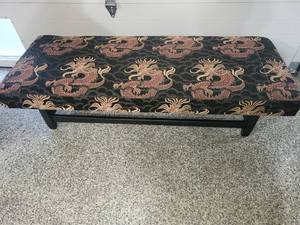 lot 11 image: Dragon Design Upholstered Bench. Very Cool Looking.
