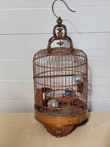 lot 20 image: Vintage Chinese Bamboo Bird Cage Very Ornate With 3 Porcelain Feed Bowls