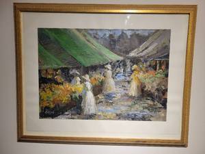lot 33 image: Impressionist painting by James Duggan. Ladies at The Flower Market.