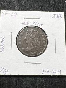 lot 25 image: 1833 US CLASSIC HEAD HALF CENT VF30