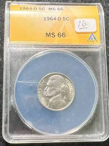 lot 33 image: 1964-D US JEFFERSON NICKEL ANACS MS66