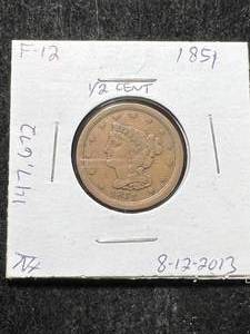 lot 48 image: 1851 US BRAIDED HAIR HALF CENT