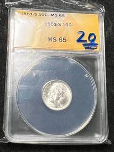 lot 53 image: 1951-S US ROOSEVELT DIME ANACS MS65