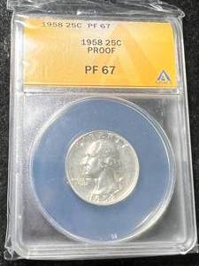 lot 61 image: 1958 US PROOF WASHINGTON QUARTER ANACS PF67