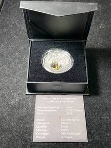 lot 85 image: 1 TROY OZ .999 FINE SILVER CALIFORNIA GOLD RUSH ROUND WITH 24K GOLD LEAF