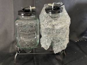 lot 16 image: Set of 2 Glass Beverage Dispensers with Stands and Spigots