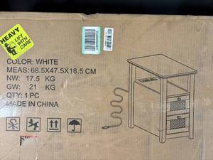 lot 131 image: White End Table with Power Outlets, 2 Drawers, New in Box