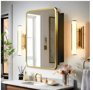 lot 7 image: Lirago 16 in. W x 24 in. H Rectangular Recessed Surface Mount Medicine Cabinet Mirror Gold
