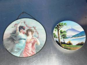 lot 50 image: 2 Hand Painted Plate and Wall Hanging Collectable Decor