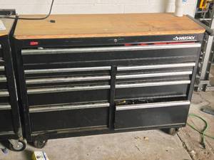 lot 11 image: Husky Wood-Top Rolling Tool Cabinet 9-drawer with Key