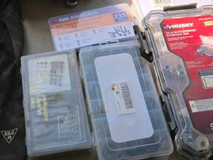lot 48 image: Lot of (5 Containers) Grommet Assortment, Nuts and Washers, Tool Strongman Self-Tapping Truss Head Screw Assortment Kit 410 Stainless, Fittings, Lokman Cable Cland Kit