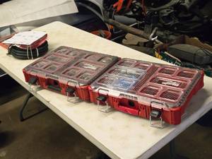 lot 193 image: Lot of (2) Milwaukee Packout Parts Organizer Cases with Hardware, Fuel Line