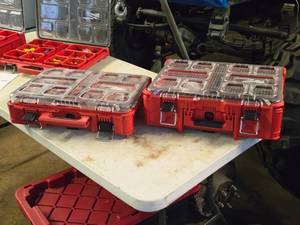 lot 195 image: Lot of (2) Milwaukee Packout Parts Organizer Cases with Assorted Connectors, Fittings, Thermostat 456-160