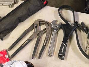lot 248 image: (2) Husky Channel Lock Wrenches, (1) Adjustable Wrench, (1) Pipe Wrench