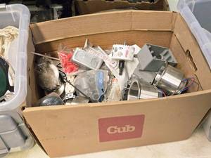 lot 313 image: Lot of (1 Bin) Electrical Hardware, Boxes, Hole Saw, Wire Nuts, Misc. Items