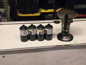 lot 338 image: Coleman 1500-BTU Propane Catalytic Heater 5035 with Stand and (4) Full Tanks