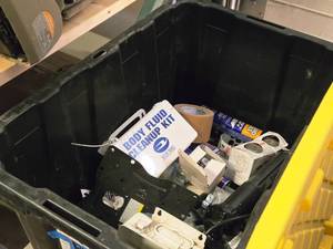 lot 350 image: Lot of (1 Bin) Misc. Parts, Tools, First Aid Kits, Body Fluid Cleanup Kit
