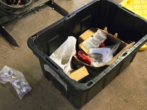 lot 358 image: Lot of (1 Bin) Misc. Parts and Hardware, Skid Plate Front Truss, Coil Over Shock Hoop Brace