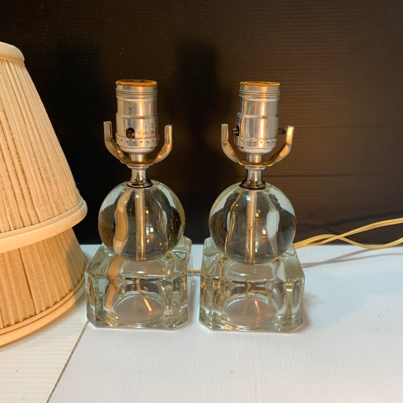 lot 31 image: MCM Heavy Clear Glass Orb on Cube Lamp Pair