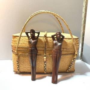 lot 6 image: Handmade Philippine Basket with Lid and Handles, 2 Philippine Wood Nude Lady Nutcrackers