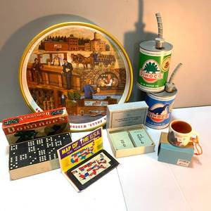 lot 8 image: Fun Games and Collectibles - Lienenkugel Metal Tray, Disney Beverage Cans and Starbucks Espresso Cup