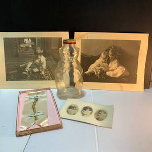 lot 13 image: Vintage Black and White Photos, Keepsake Hair Braid, Antique Snowcrest Bear Bank Bottle