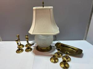 lot 84 image: Brass Tray, Candleholders and Lalique Style Lamp