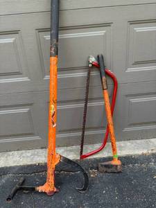 lot 123 image: Red and Orange Cant Hook, Splitting Maul, Buck Saw