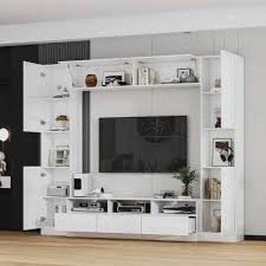 lot 13 image: FUFU&GAGA White Wooden TV Stand, Entertainment Center, TV Console Fits TVs Up to 70 in. with 15-Shelves, 3-Drawers and 5-Doors   Customer Returns See Pictures