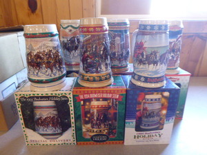 lot 47 image: 6 Budweiser Holiday Beer Steins