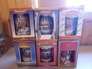 lot 48 image: 6 Budweiser Holiday Beer Steins