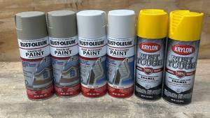 lot 48 image: RUST-OLEUM, KRYLON Touch up, Roof Accessory, Protective spray paint lot of 6