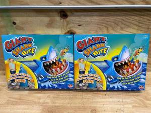 lot 219 image: Lot of 2 - Pressman Goliath Giant Shark Bite Game - Snag Fish from Shark Before He Jumps Up - Jumps Nearly 3 Feet - Ages 4 and Up, 2-4 Players, Blue Light, Small