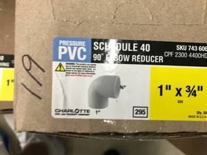 lot 119 image: PVC SCHEDULE 40 90 ELBOW REDUCER 1 X 34
