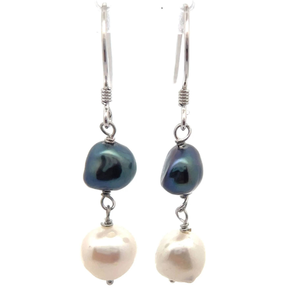 lot 44 image: NEW Black & White Double Freshwater Pearl Dangle Earrings VIDEO