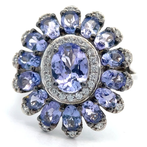 lot 38 image: Tanzanite & Diamond Cluster Flower Ring VIDEO