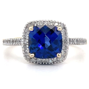 lot 34 image: NEW 2.15 Carat Cushion Cut Blue Sapphire & Natural Diamond Halo Ring in 14k Gold VIDEO