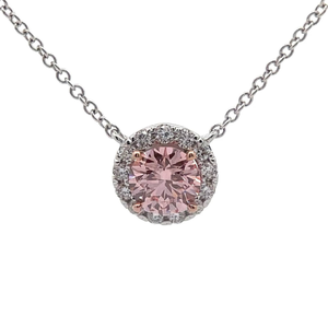 lot 18 image: NEW 0.50 Carat Fancy Pink & White Diamond Halo Necklace in 14k Gold w Report Retail $1,995 Tag Included VIDEO