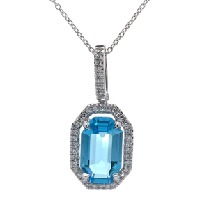 lot 27 image: NEW 2.15 Carat Blue Topaz & Natural Diamond Art Deco Pendant Necklace in 14k White Gold $1,795 Retail Tag Included VIDEO