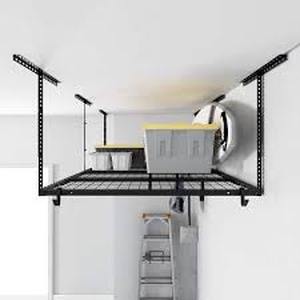 lot 17 image: FLEXIMOUNTS OHK Series 48 in. W x 96 in. D x 22-40 in. H Black Ceiling Mounted Overhead Garage Storage Rack with Accessory Hooks   Customer Returns See Pictures