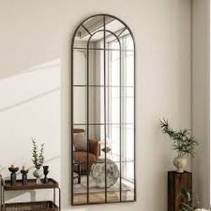 lot 41 image: XRAMFY 24 in. W x 65 in. H Modern Arched Metal Framed with Grids Black Full Length Wall Mirror  Customer Returns See Pictures