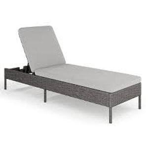 lot 48 image: MARTHA STEWART Bedford Indoor-Outdoor Adjustable Patio Chaise Lounge Chair in Gray Rattan Wicker with Gray All-Weather Cushions  Customer Returns See Pictures