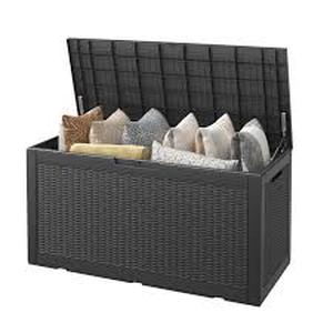 lot 50 image: Bifanuo 100 Gallon Deck Box Lockable Resin Outdoor Storage Box Waterproof Outdoor Container for Patio Furniture Cushions, Pillow Customer Returns See Pictures