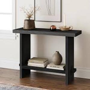 lot 64 image: Nathan James Virgo 40 in. Reclaimed Black Oak Farmhouse 2-Tier Rectangle Wood Accent Console Table, for Hallway and Living Room  Customer Returns See Pictures
