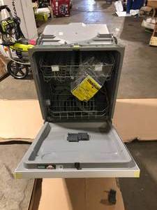 lot 16 image: GE 24 in. Built-In Tall Tub Front Control White Dishwasher with 60 dBA dented see picture  Customer Returns See Pictures