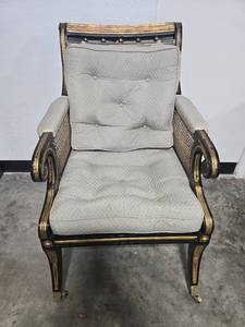 lot 1 image: Regency Style Bergres Gold and Black Accent Armchair with Cushion