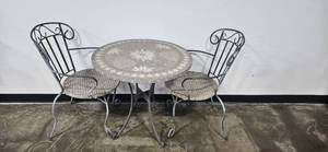 lot 9 image: 3-Piece Patio Bistro Set with Floral Mosaic Table and Wicker Chairs
