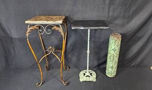 lot 17 image: Set of 2 Vintage Metal Plant Stands and Decorative Roller
