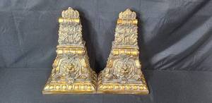 lot 23 image: Pair of Ornate Gold-Tone Tall Decorative Bookends - 20 Tall
